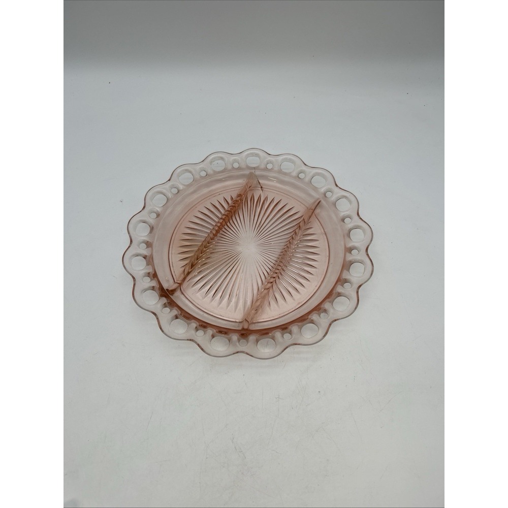 Anchor Hocking Old Colony Pink Depression Glass Open Lace Divided Relish Plate